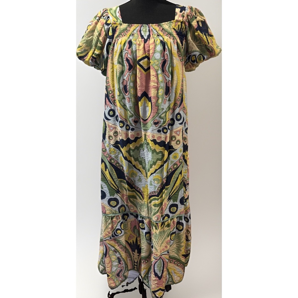 Umgee Multicolor Abstract Smocked Square Neck Puff Sleeve Midi Shift Dress S